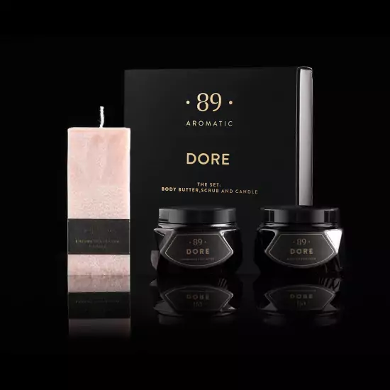 Dárkový set tělového peelingu, tělového másla a luxusní vonné svíčky – Dore