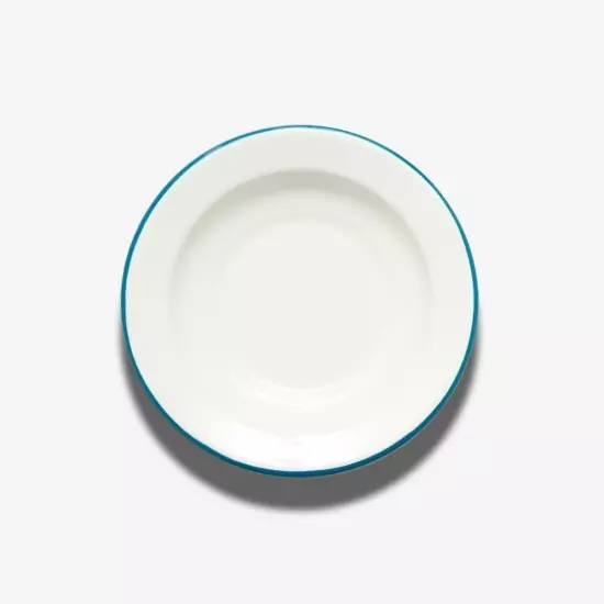 Hluboký smaltovaný talíř s modrou obrubou