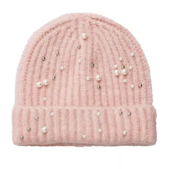 Světle růžová zimní čepice s perličkami